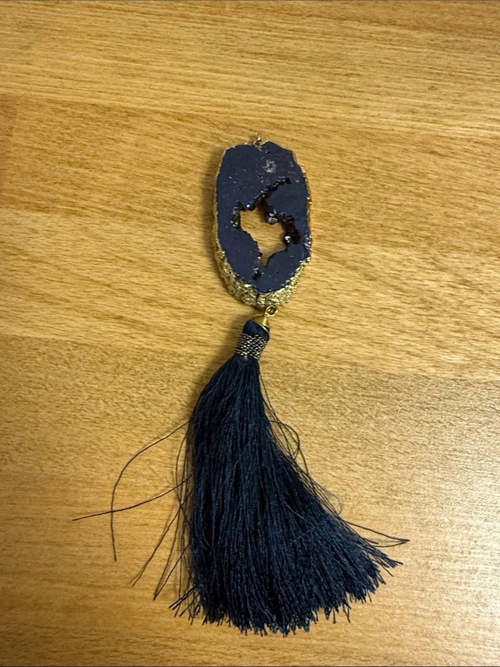 Blue with gold paint faux geode agate necklace charm with string tassel - Picture 1 of 4